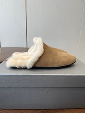 PRADA 25S CLOGS IN LIGHT BROWN SUEDE FUR-LINED