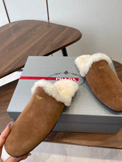 PRADA 25S CLOGS IN BROWN SUEDE FUR-LINED