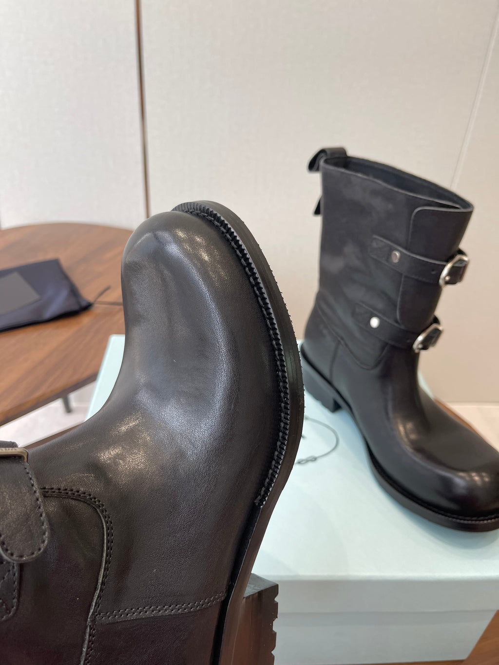 PRADA 25S TWO-BUTTON COWBOY BOOTS IN BLACK CALFSKIN WITH SILVER HARDWARE
