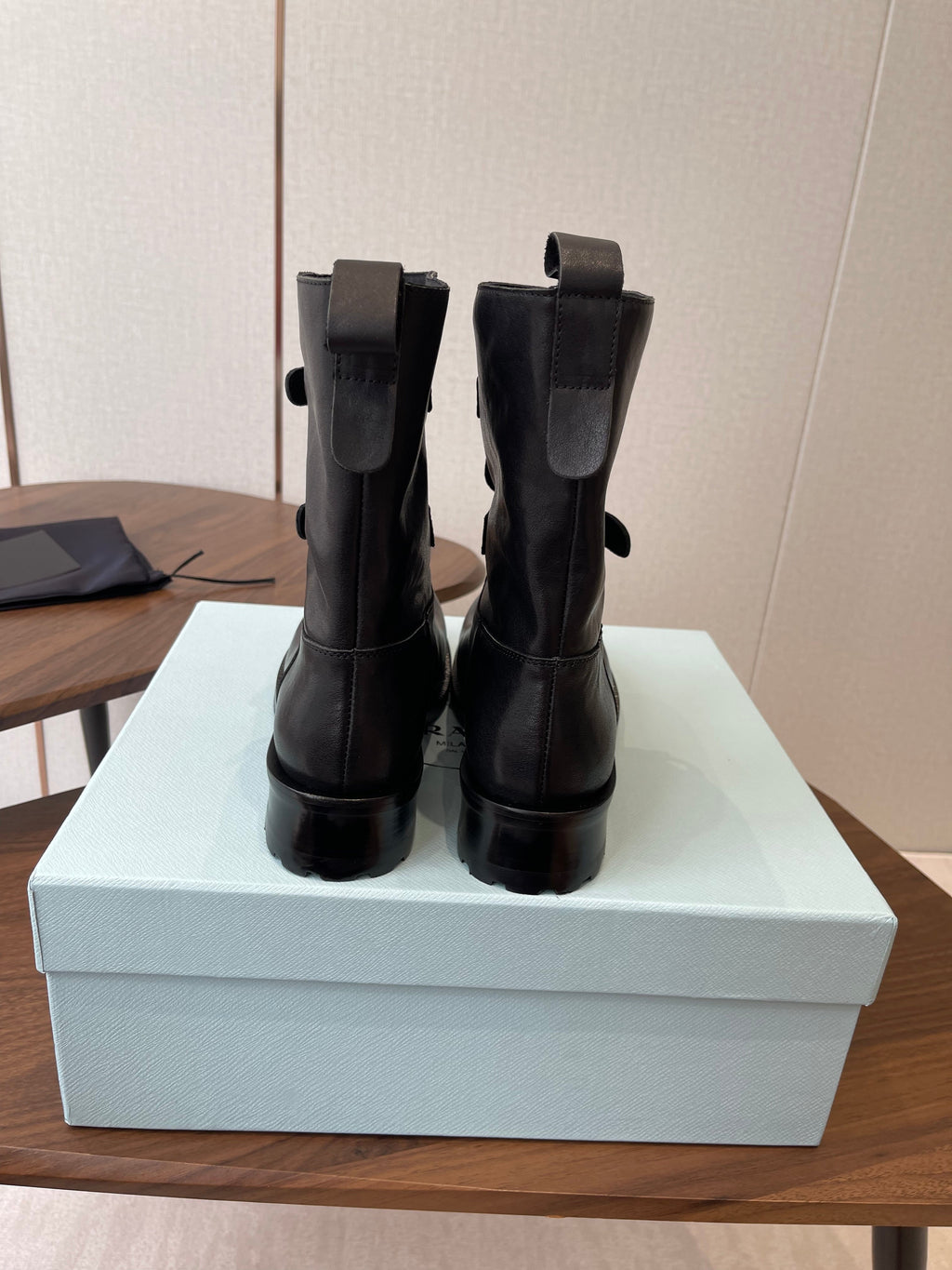 PRADA 25S TWO-BUTTON COWBOY BOOTS IN BLACK CALFSKIN WITH SILVER HARDWARE