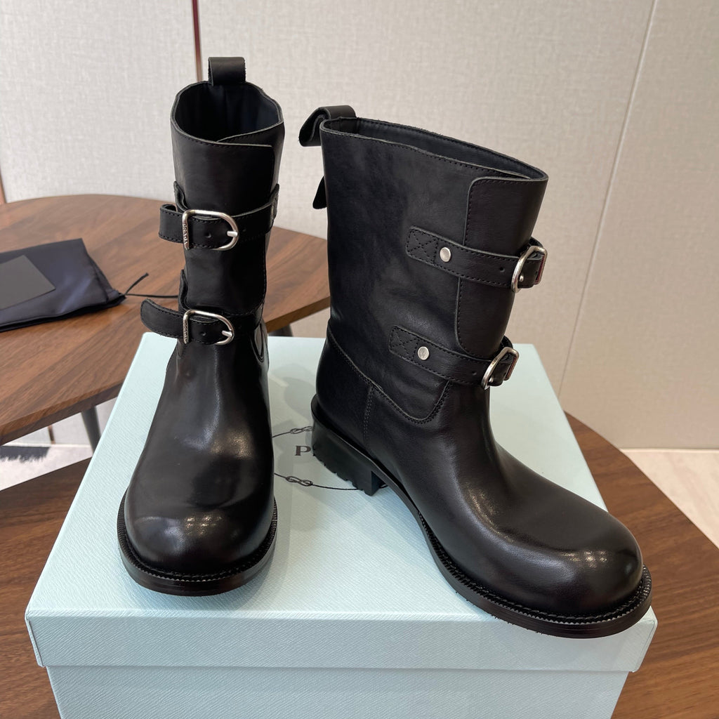 PRADA 25S TWO-BUTTON COWBOY BOOTS IN BLACK CALFSKIN WITH SILVER HARDWARE
