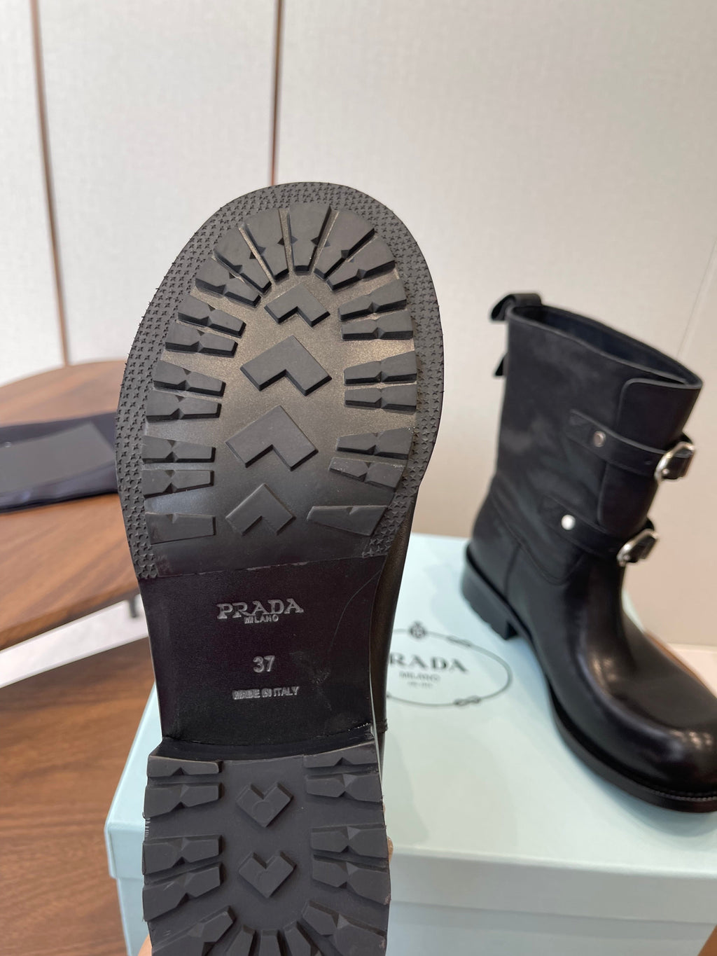 PRADA 25S TWO-BUTTON COWBOY BOOTS IN BLACK CALFSKIN WITH SILVER HARDWARE