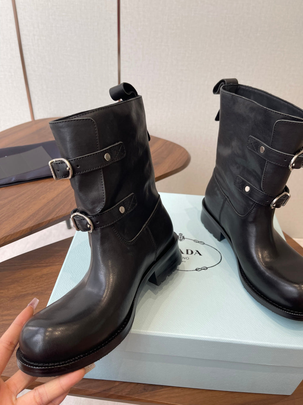 PRADA 25S TWO-BUTTON COWBOY BOOTS IN BLACK CALFSKIN WITH SILVER HARDWARE