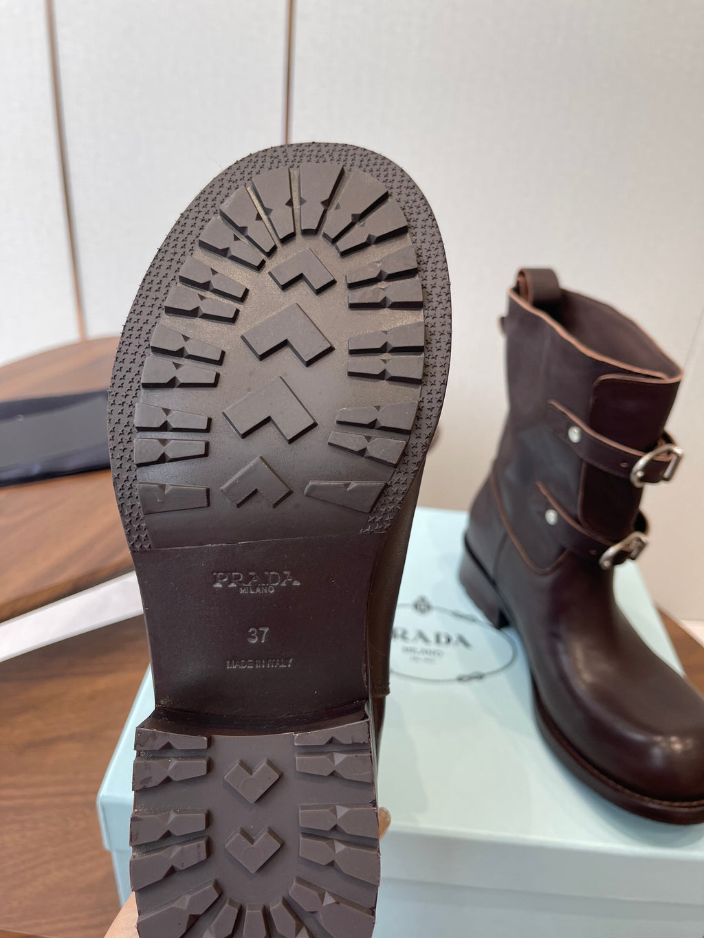 PRADA 25S TWO-BUTTON COWBOY BOOTS IN DARK BROWN CALFSKIN WITH SILVER HARDWARE