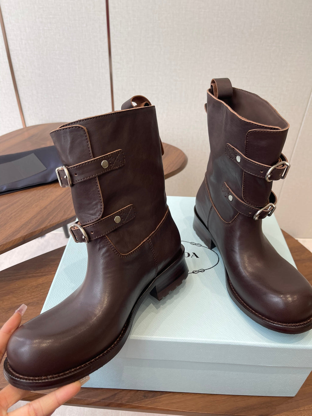 PRADA 25S TWO-BUTTON COWBOY BOOTS IN DARK BROWN CALFSKIN WITH SILVER HARDWARE