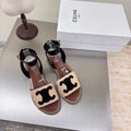 CELINE 25S TRIOMPHE SANDALS BEIGE RAFFIA BLACK WOOL