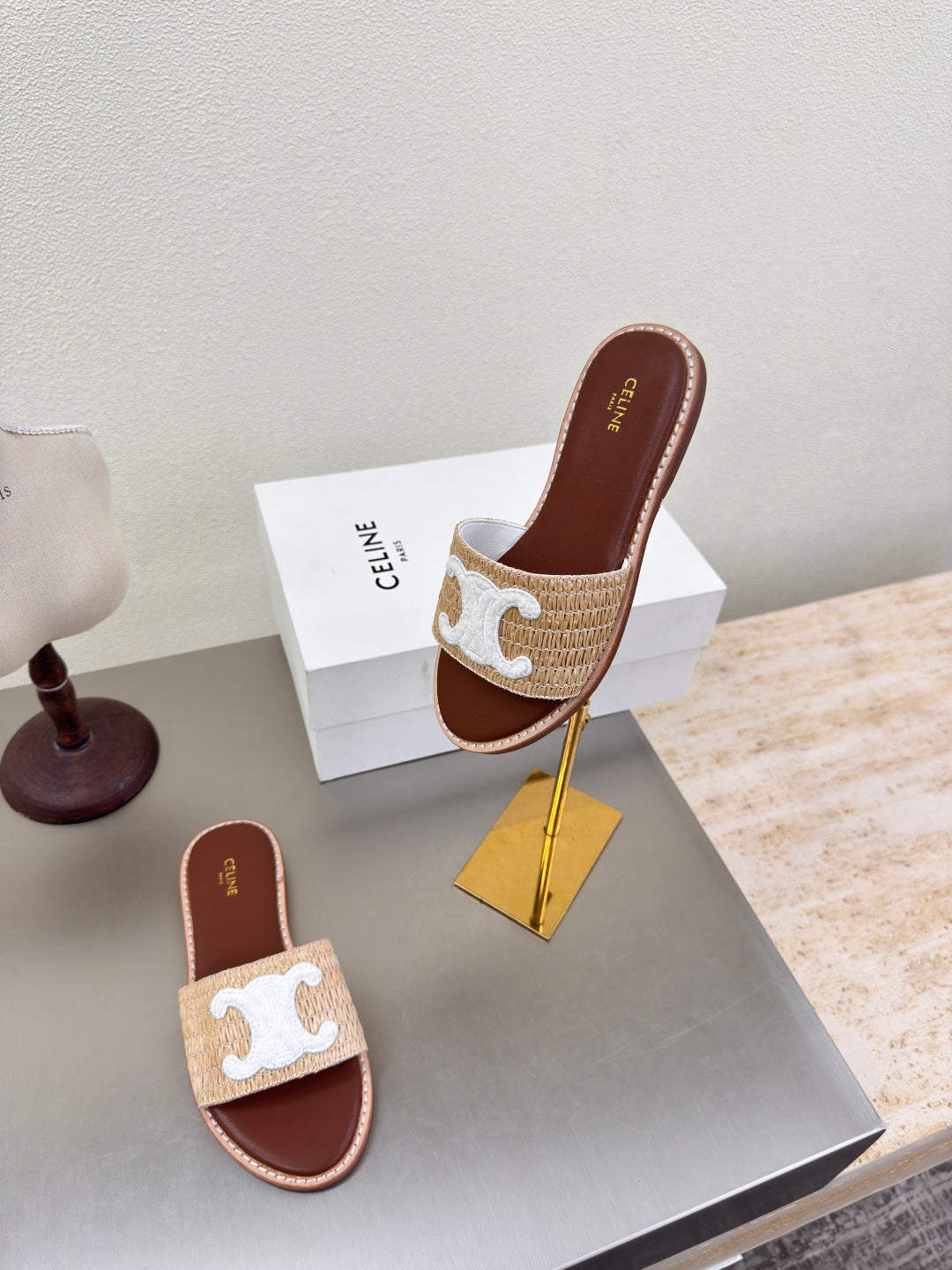 CELINE 25S LYMPIA MULE BEIGE RAFFIA WHITE WOOL LOGO