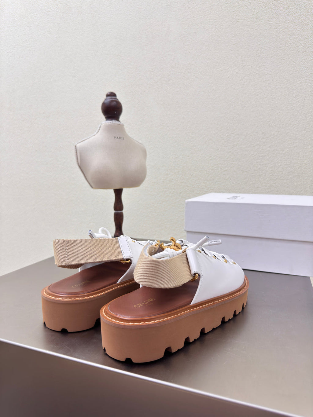 CELINE 25S BILLIE CHUNKY SANDAL IN WHITE CALFSKIN AND TEXTILE