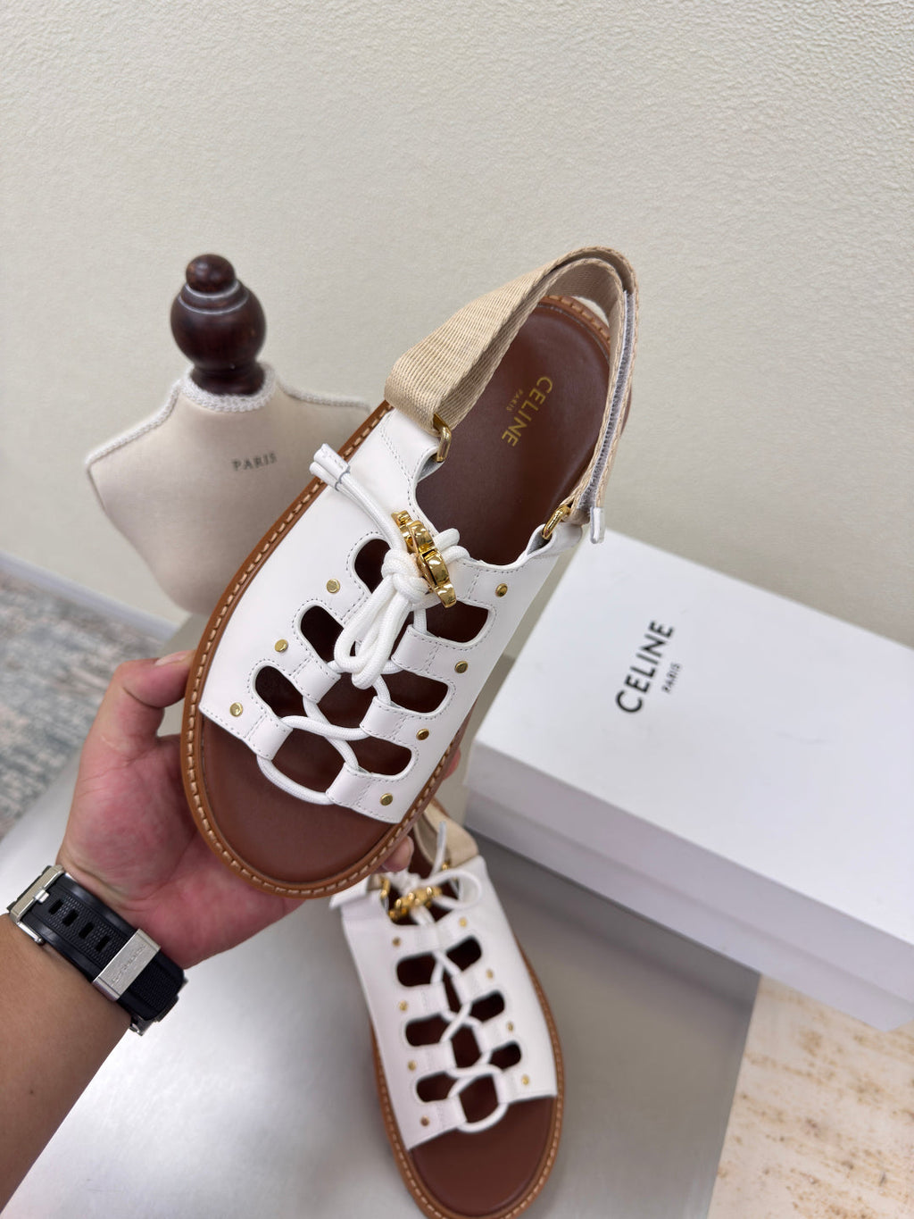 CELINE 25S BILLIE CHUNKY SANDAL IN WHITE CALFSKIN AND TEXTILE