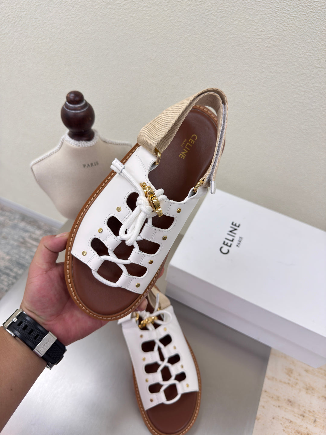 CELINE 25S BILLIE CHUNKY SANDAL IN WHITE CALFSKIN AND TEXTILE