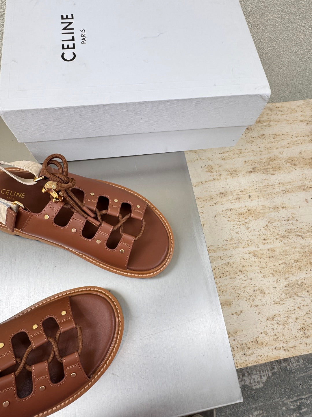 CELINE 25S BILLIE CHUNKY SANDAL IN BROWN CALFSKIN AND TEXTILE