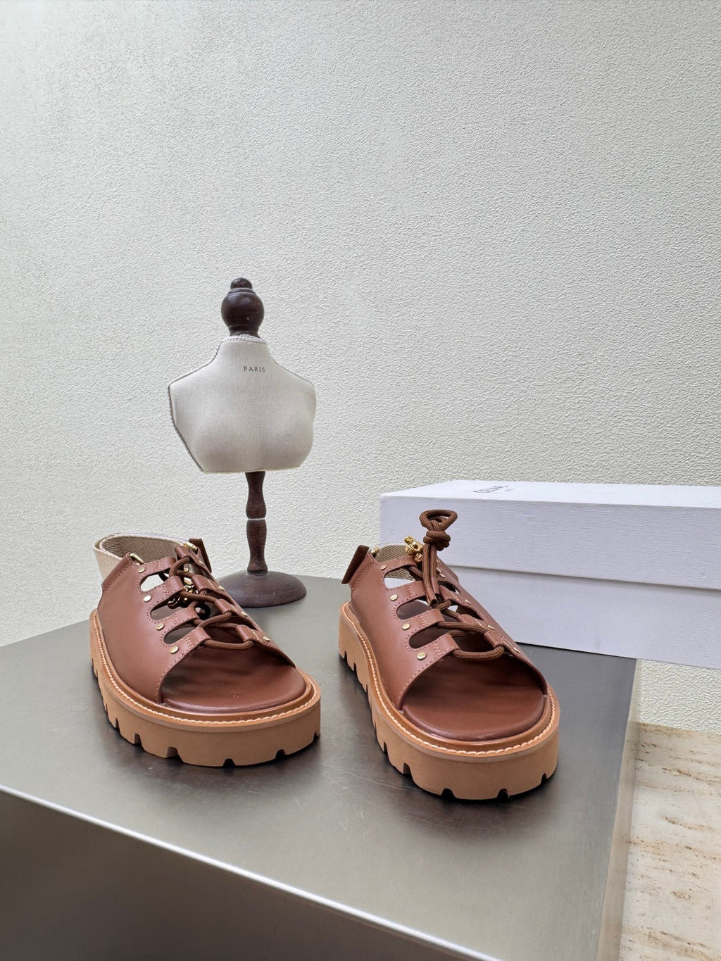 CELINE 25S BILLIE CHUNKY SANDAL IN BROWN CALFSKIN AND TEXTILE