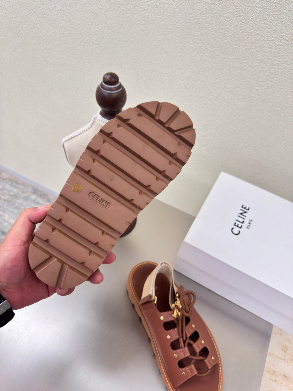 CELINE 25S BILLIE CHUNKY SANDAL IN BROWN CALFSKIN AND TEXTILE