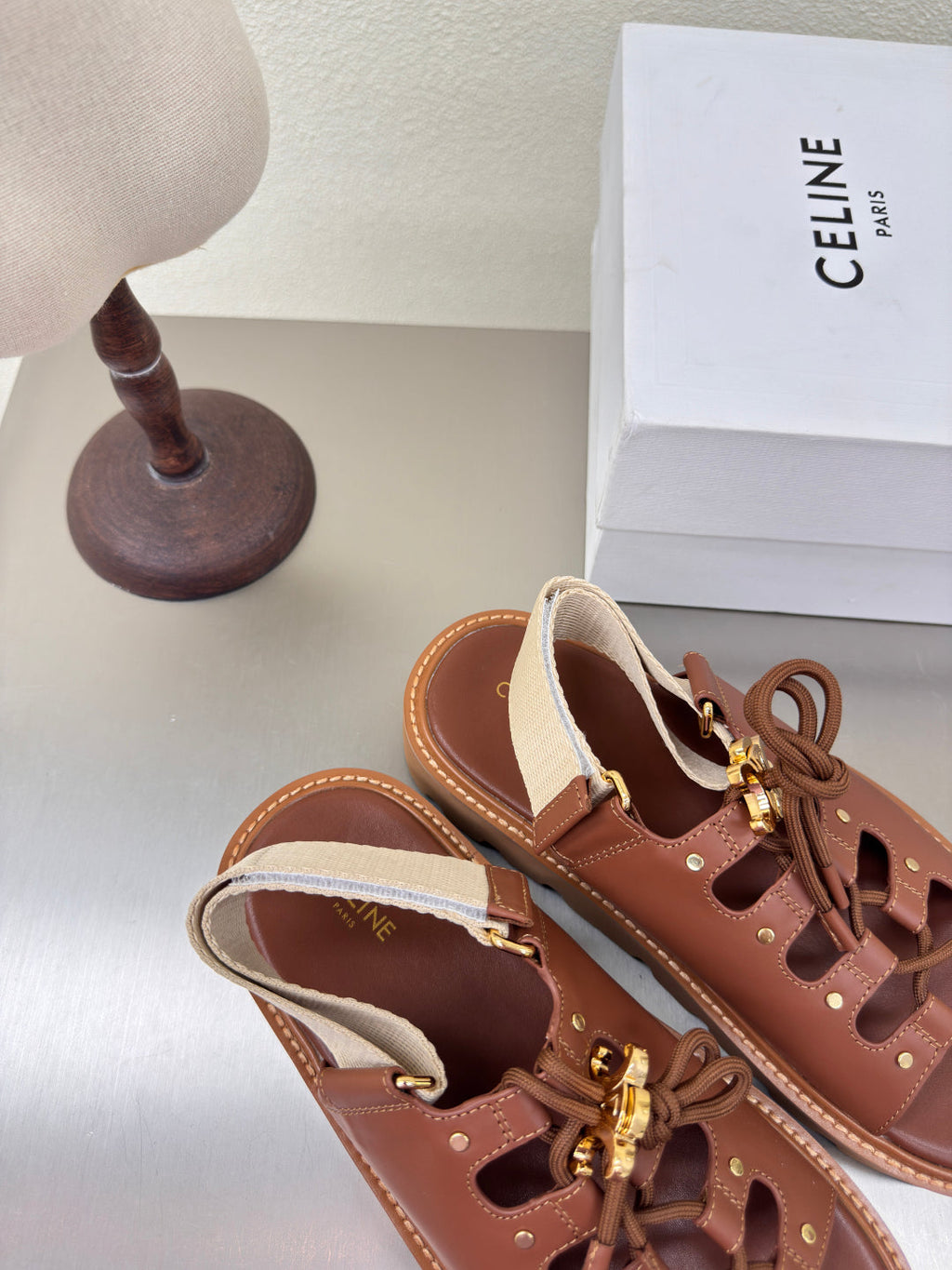 CELINE 25S BILLIE CHUNKY SANDAL IN BROWN CALFSKIN AND TEXTILE