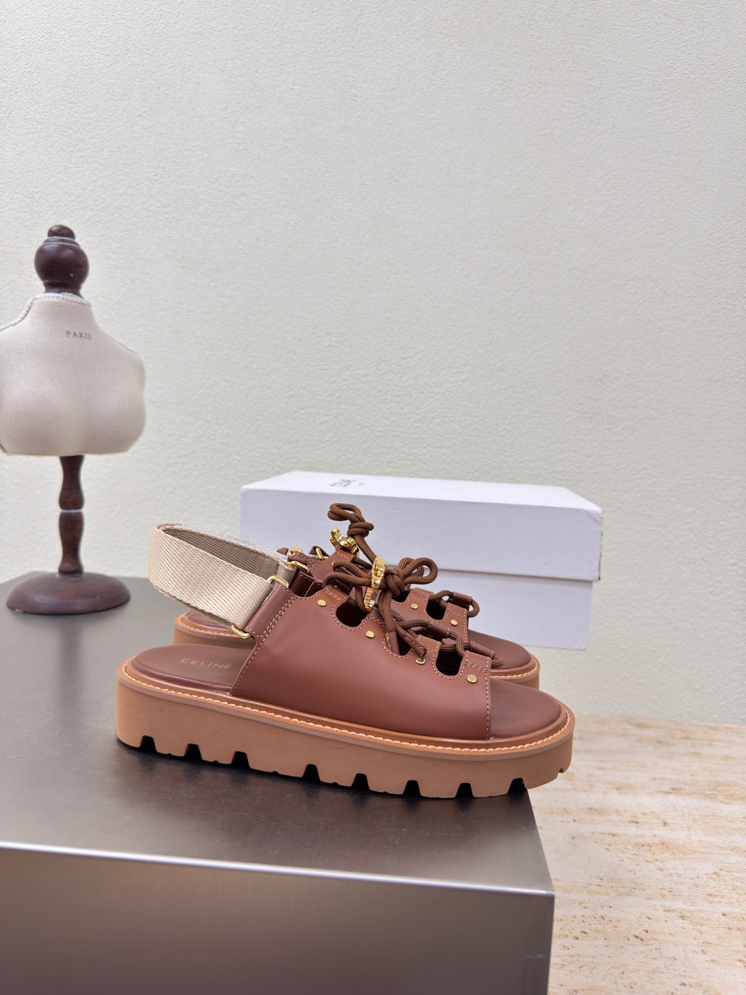 CELINE 25S BILLIE CHUNKY SANDAL IN BROWN CALFSKIN AND TEXTILE