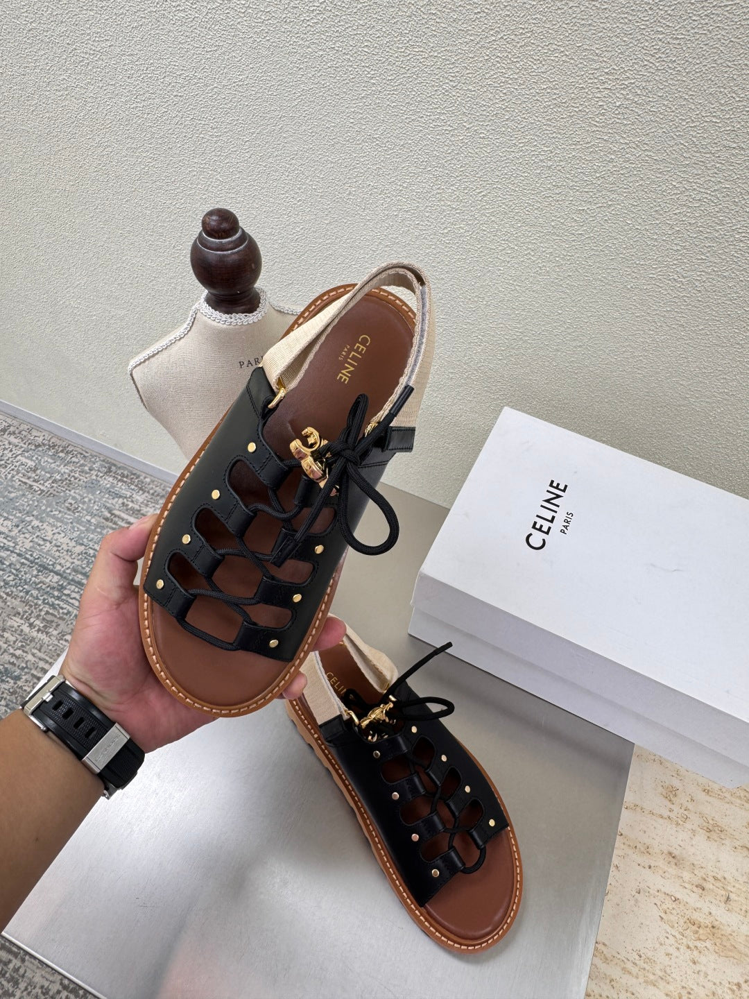 CELINE 25S BILLIE CHUNKY SANDAL IN BLACK CALFSKIN AND TEXTILE