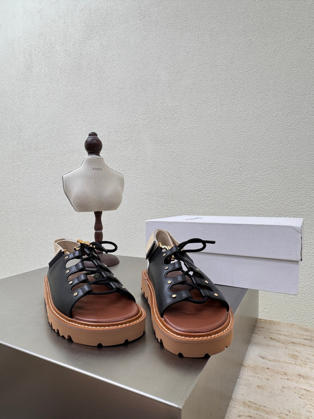 CELINE 25S BILLIE CHUNKY SANDAL IN BLACK CALFSKIN AND TEXTILE