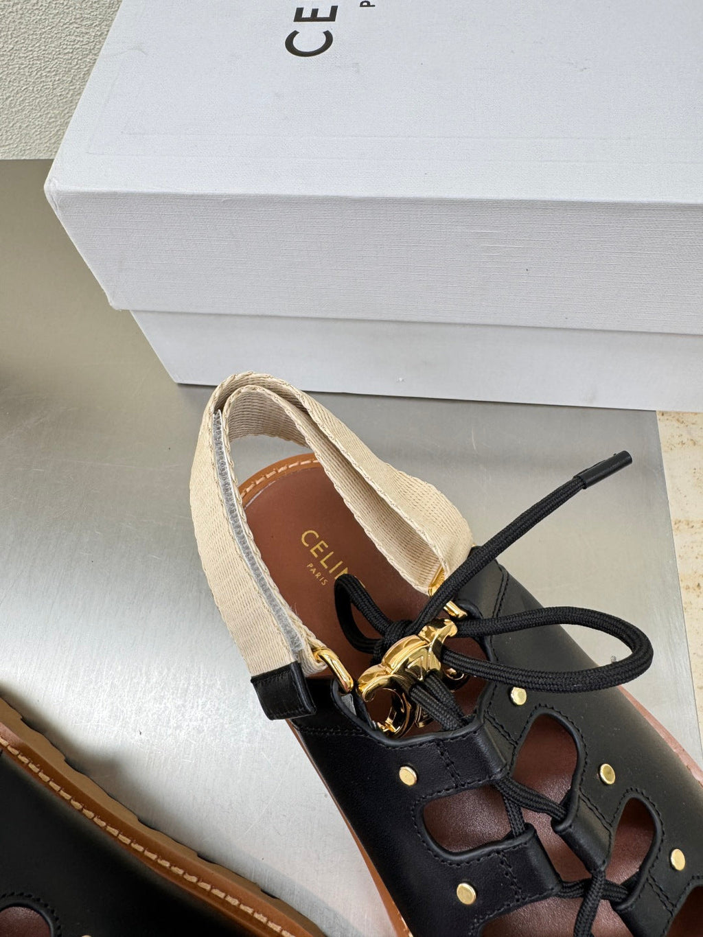 CELINE 25S BILLIE CHUNKY SANDAL IN BLACK CALFSKIN AND TEXTILE