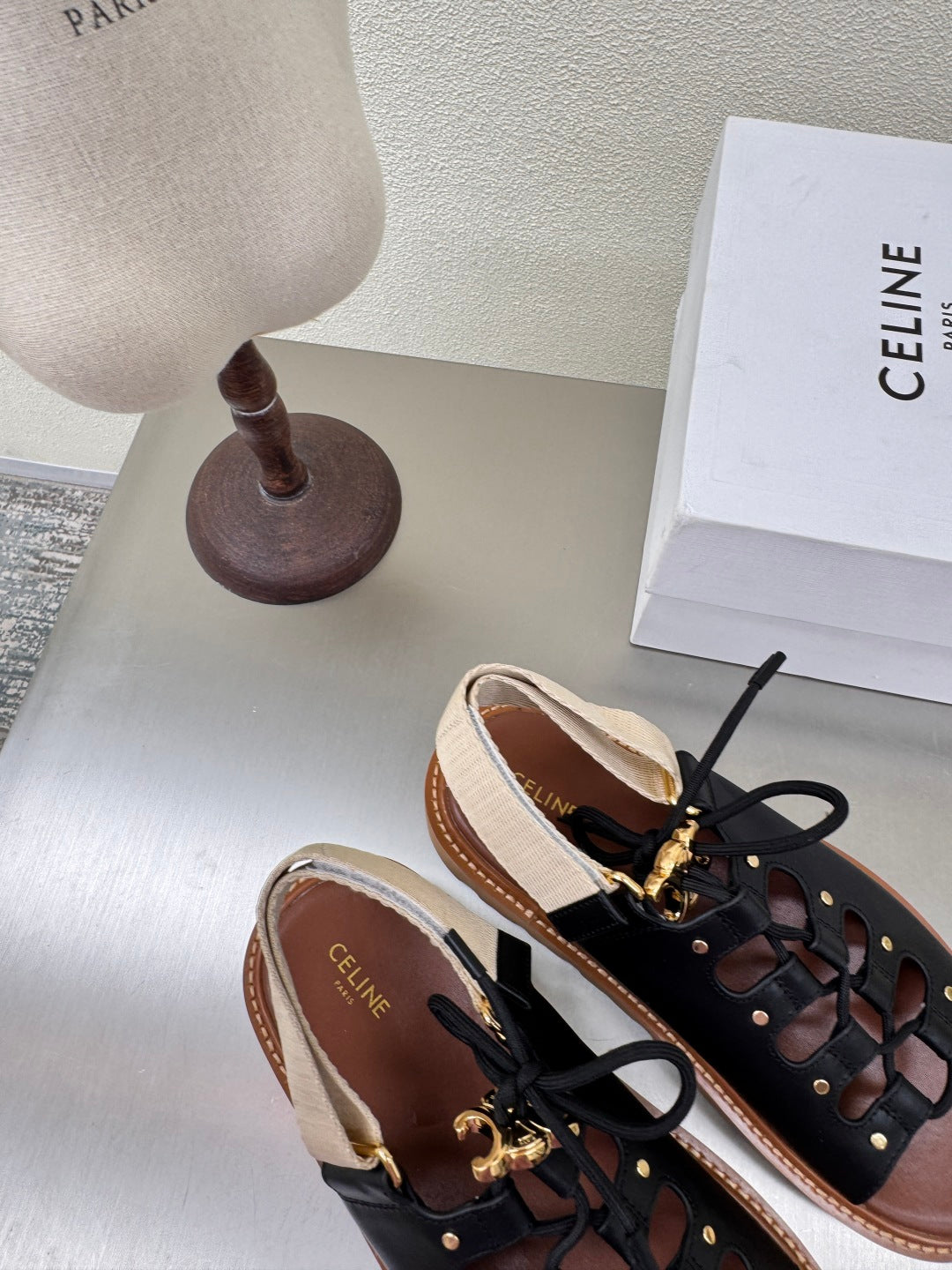 CELINE 25S BILLIE CHUNKY SANDAL IN BLACK CALFSKIN AND TEXTILE