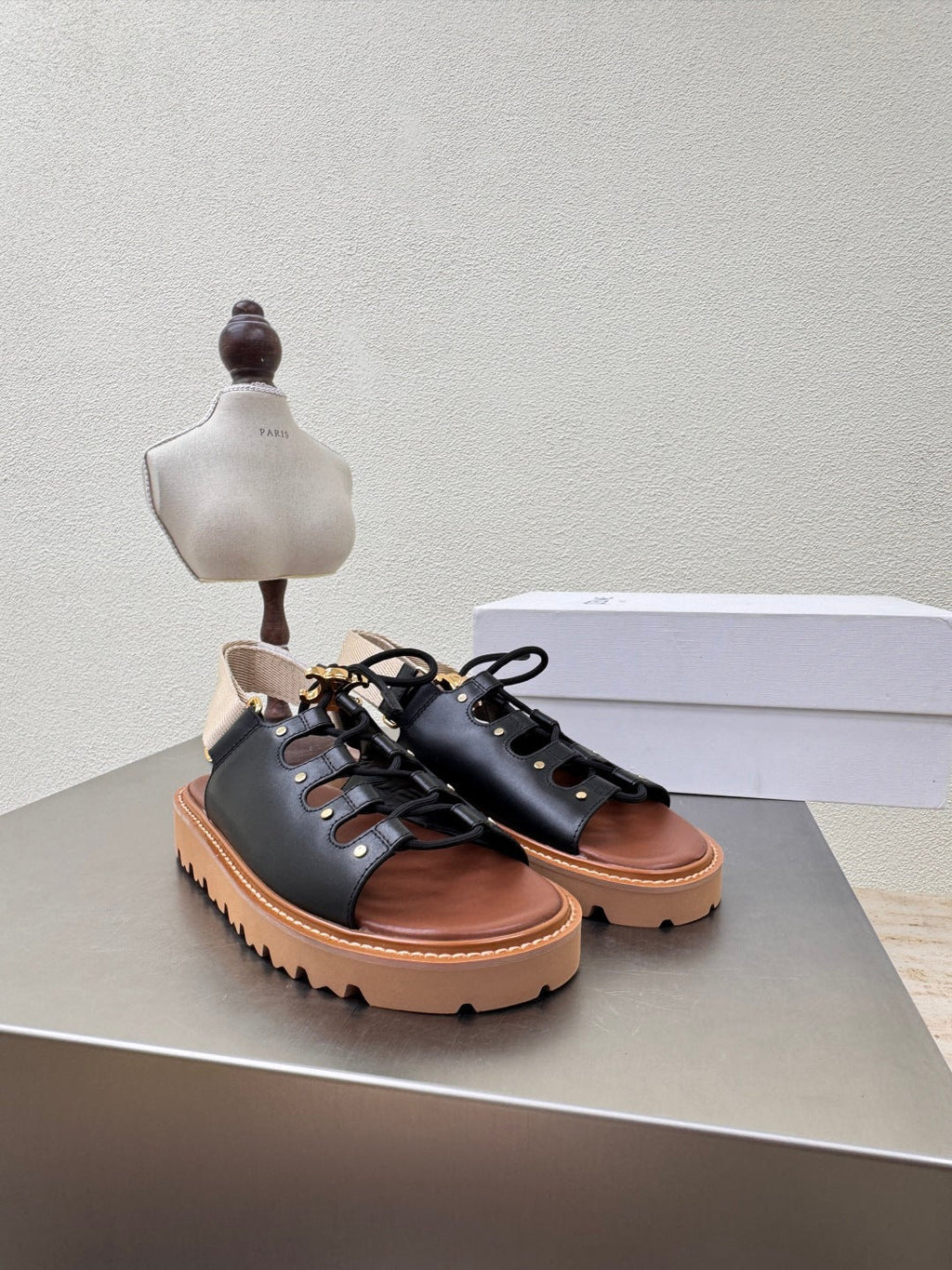 CELINE 25S BILLIE CHUNKY SANDAL IN BLACK CALFSKIN AND TEXTILE