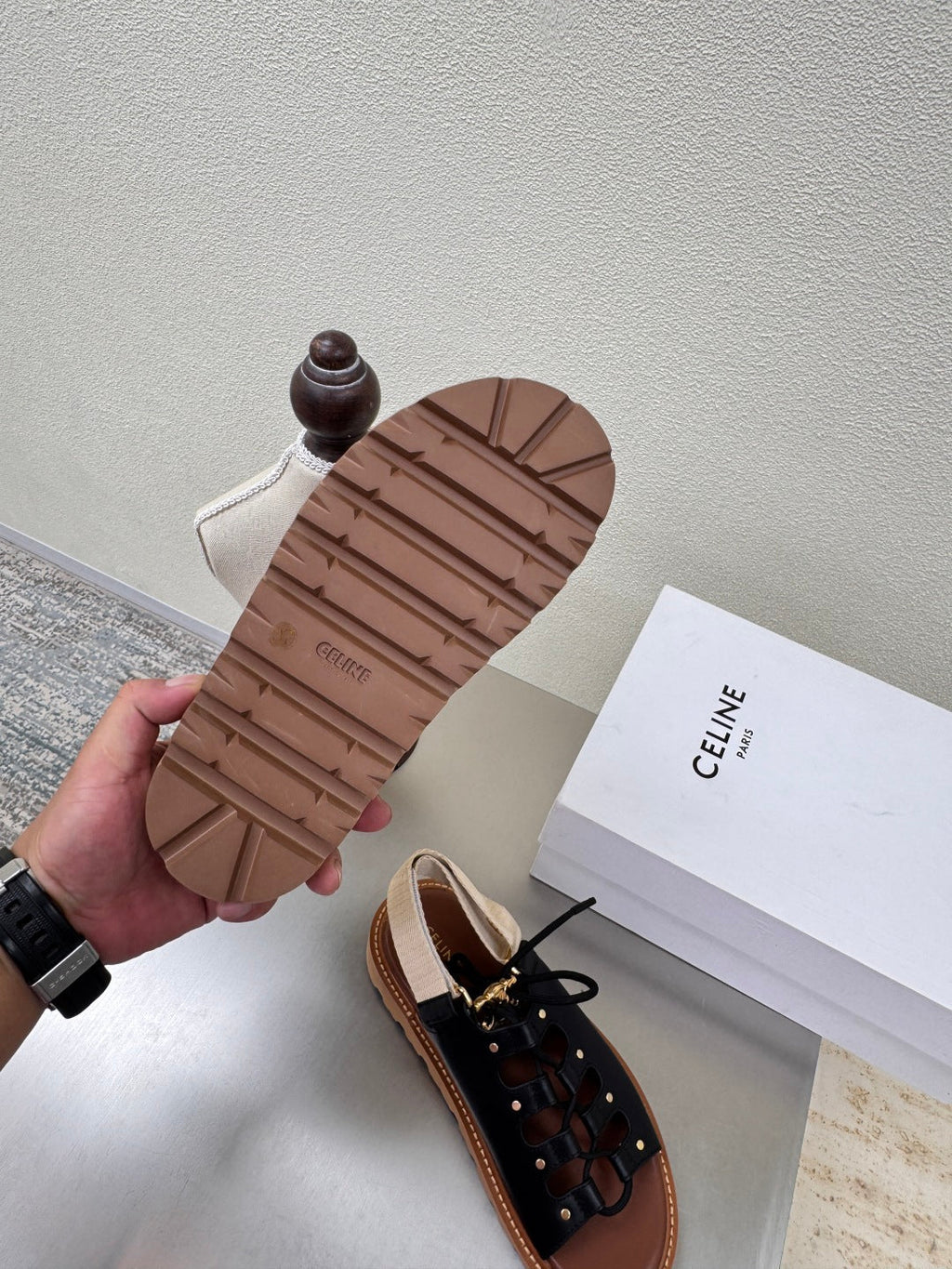 CELINE 25S BILLIE CHUNKY SANDAL IN BLACK CALFSKIN AND TEXTILE