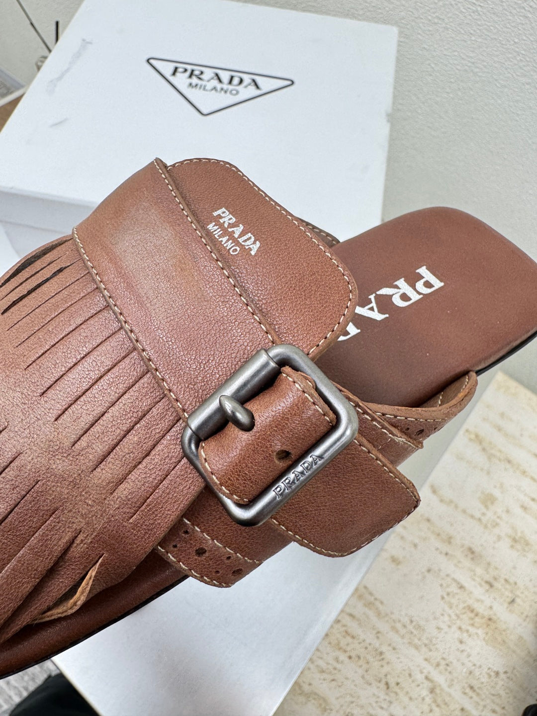 PRADA 25S SHUFFLE LEATHER THONG SANDALS IN SIENNA CALFSKIN