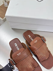 PRADA 25S SHUFFLE LEATHER THONG SANDALS IN SIENNA CALFSKIN