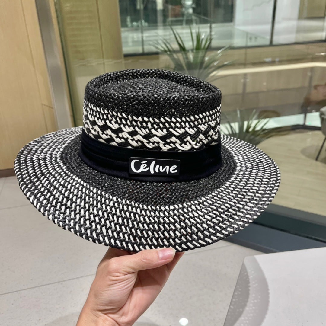 WIDE BRIM HAT MODEL 652048 IN BLACK AND WHITE WOVEN STRAW