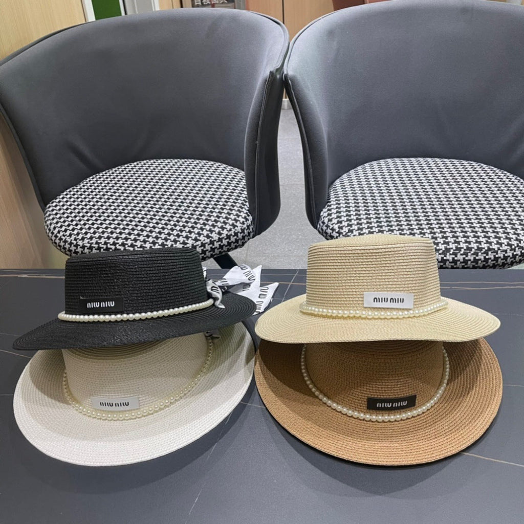 MM SMALL-BRIM STRAW HAT IN BEIGE AND PEARL EMBELLISHED