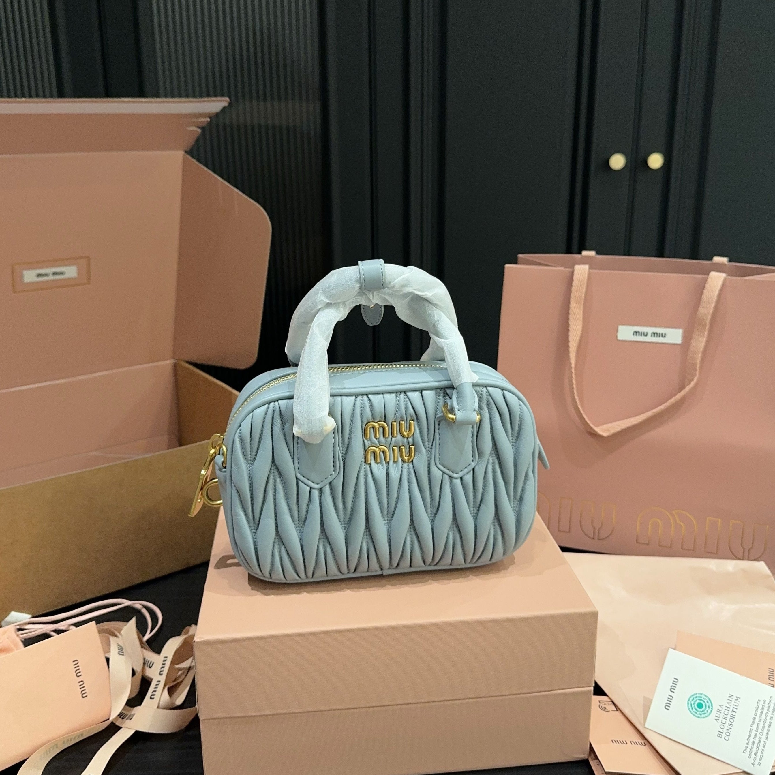 ARCADIE MATELASSÉ BAG 20 IN GREY LAMBSKIN GOLD HARDWARE