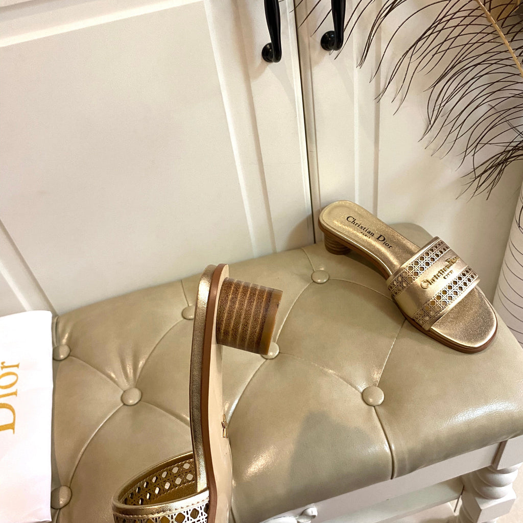 DWAY HEELED SLIDE IN GOLD CALFSKIN WITH GOLD LOGO