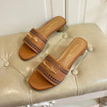 DWAY HEELED SLIDE IN BRONZE BROWN CALFSKIN WITH GOLD LOGO