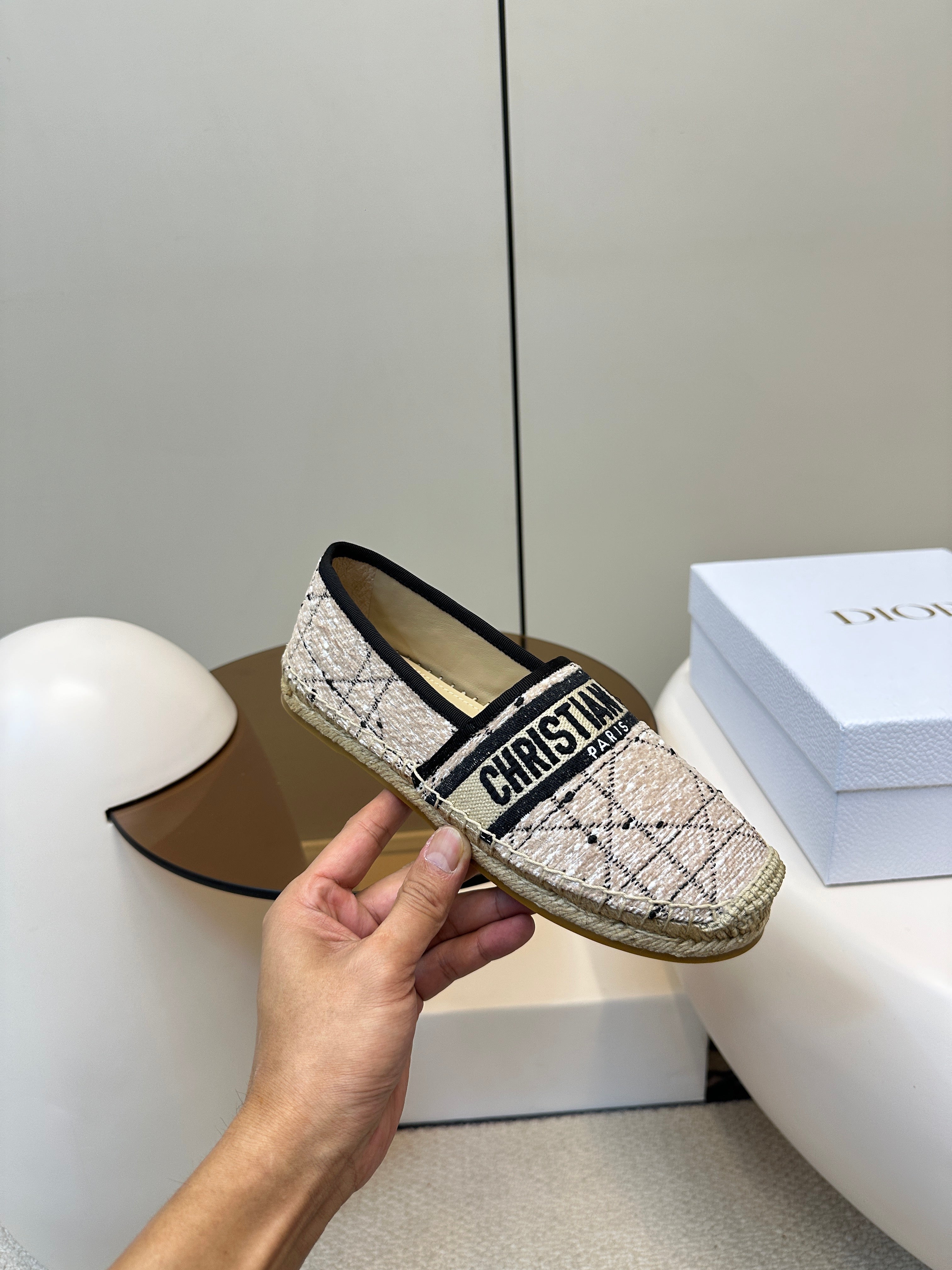 GRANVILLE ESPADRILLE TAN BEIGE OBLIQUE EMBROIDERED COTTON