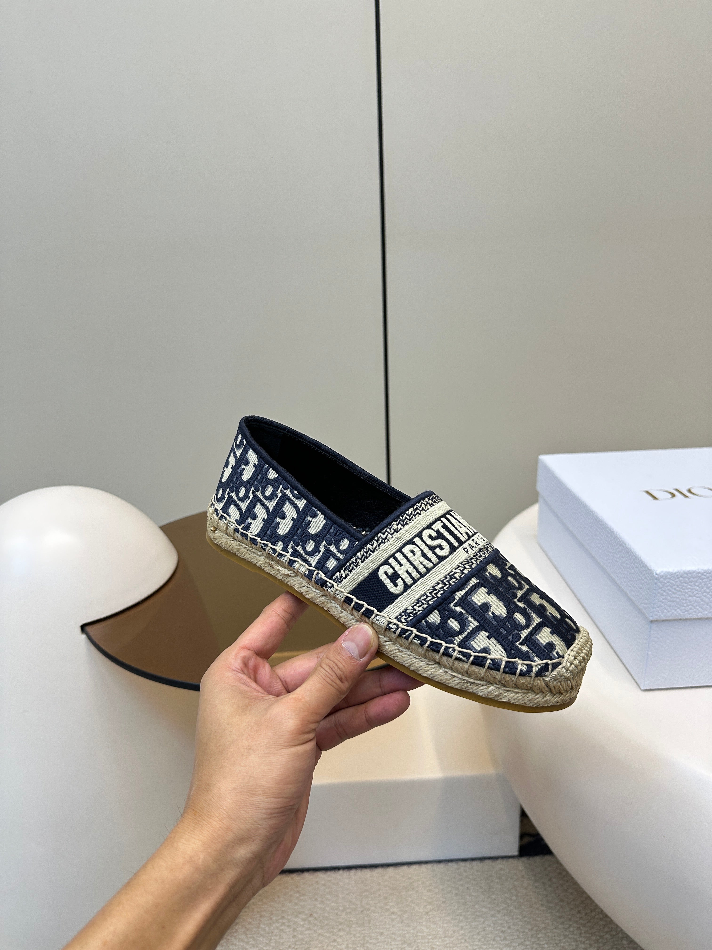 CD GRANVILLE ESPADRILLE BLUE OBLIQUE EMBROIDERED COTTON 01