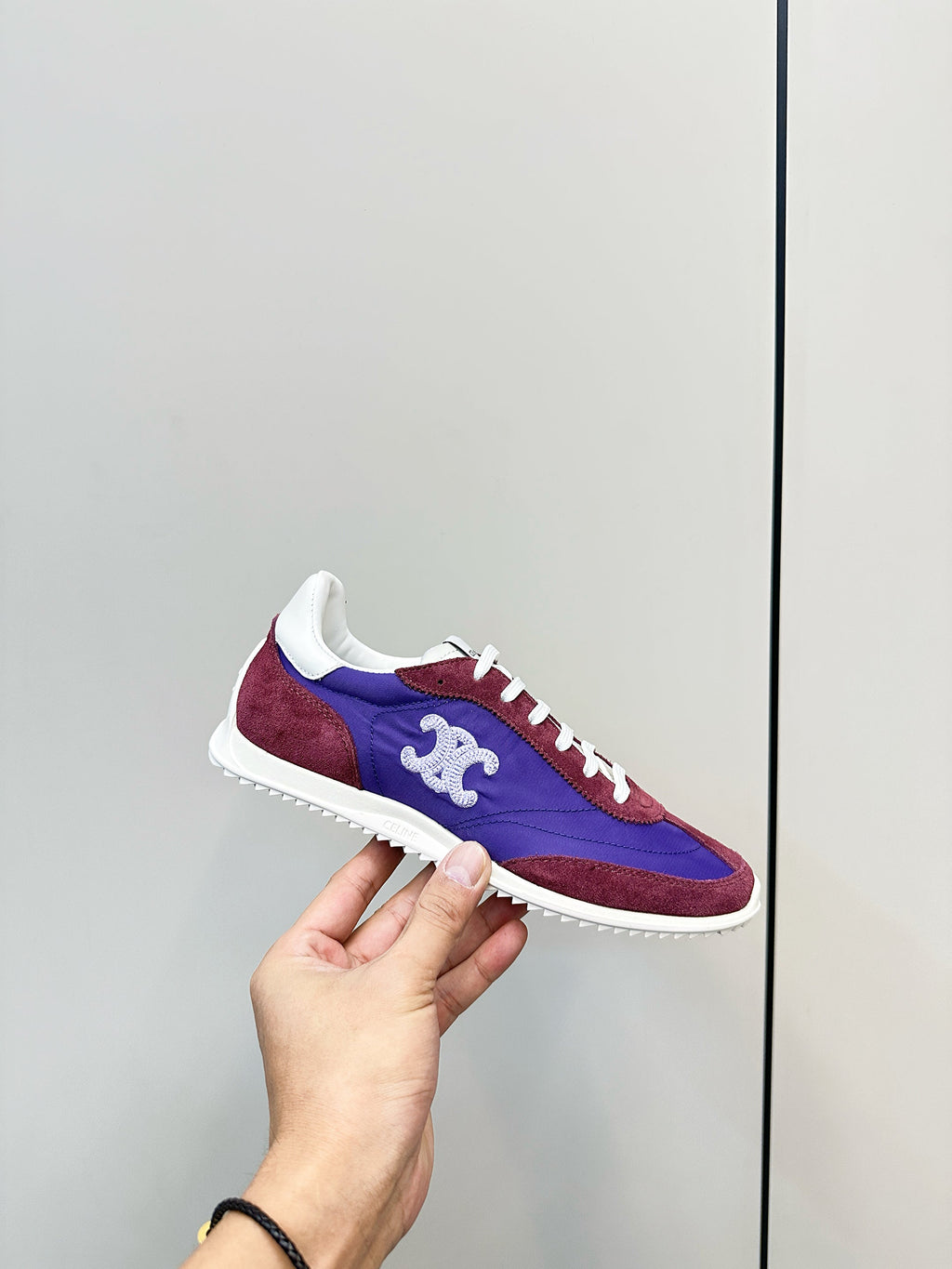 CELINE 25S RACER LOW TOP SNEAKER IN ROYAL PURPLE AND RED NYLON AND SUEDE