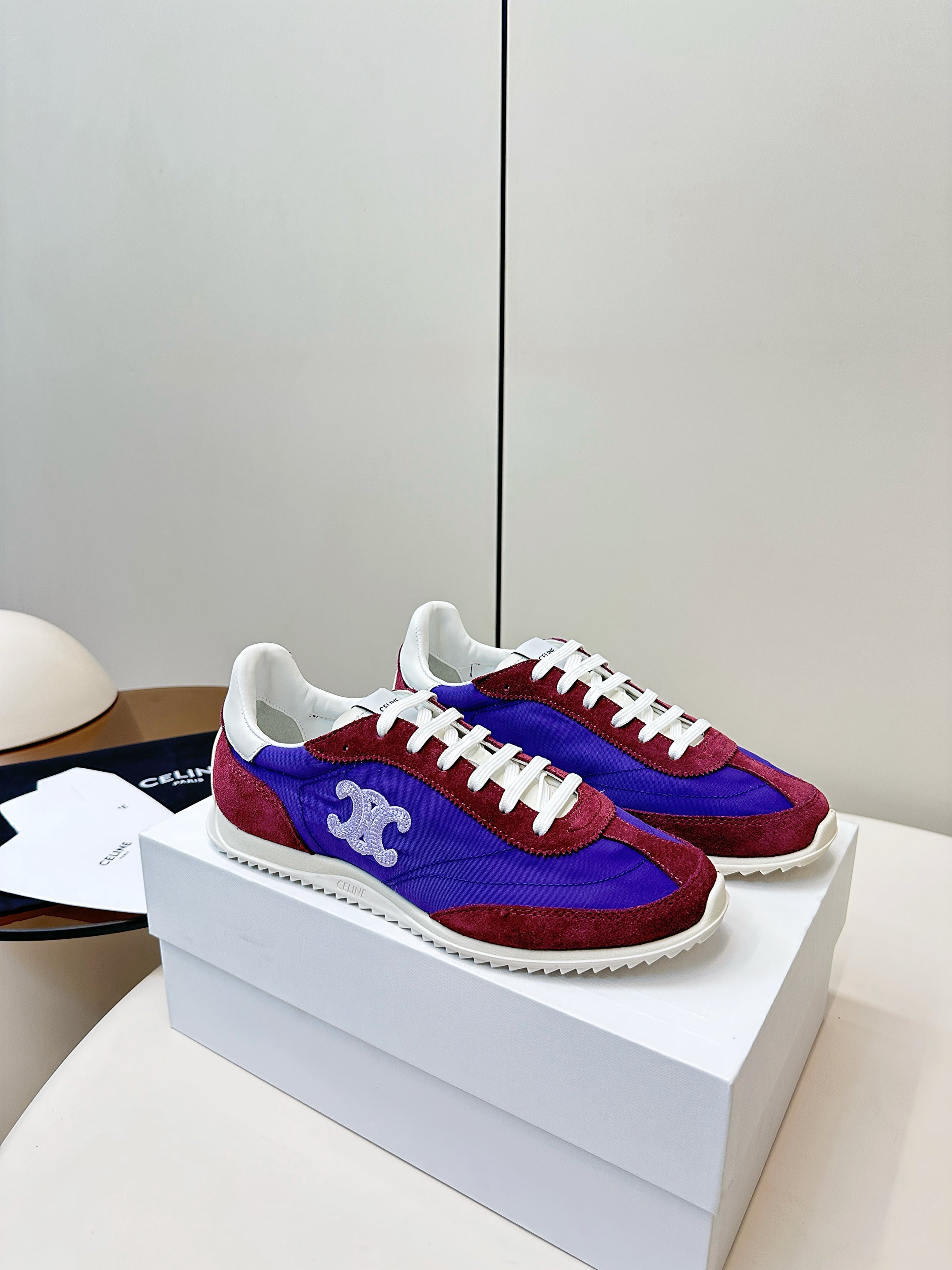 CELINE 25S RACER LOW TOP SNEAKER IN ROYAL PURPLE AND RED NYLON AND SUEDE