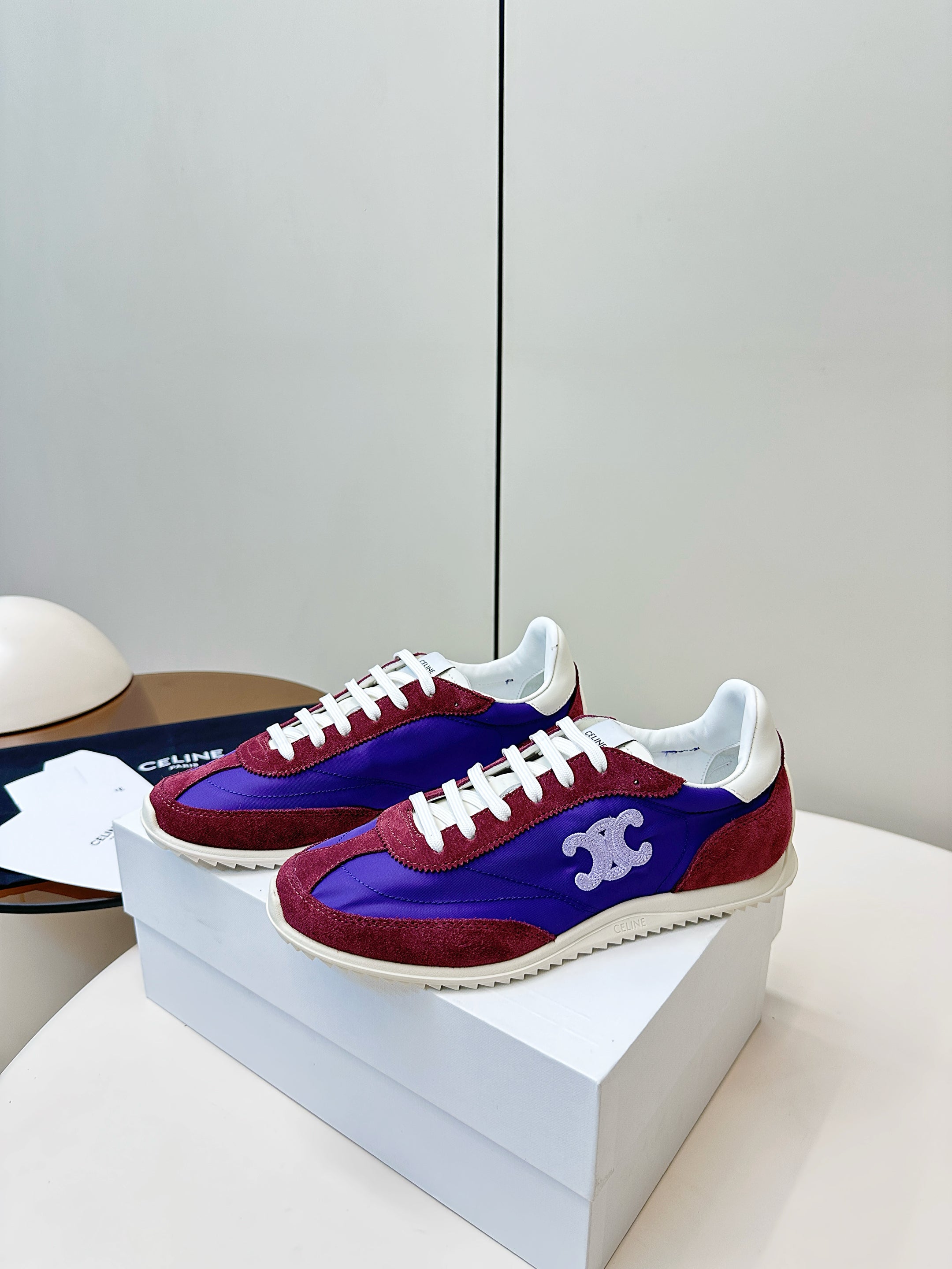 CELINE 25S RACER LOW TOP SNEAKER IN ROYAL PURPLE AND RED NYLON AND SUEDE