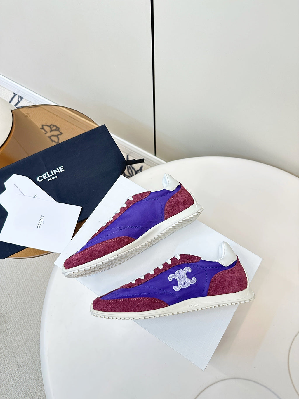 CELINE 25S RACER LOW TOP SNEAKER IN ROYAL PURPLE AND RED NYLON AND SUEDE