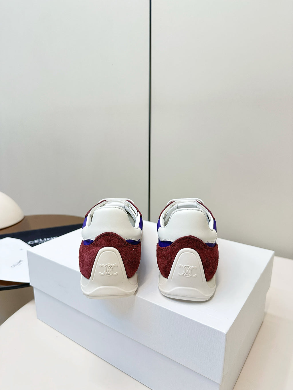 CELINE 25S RACER LOW TOP SNEAKER IN ROYAL PURPLE AND RED NYLON AND SUEDE