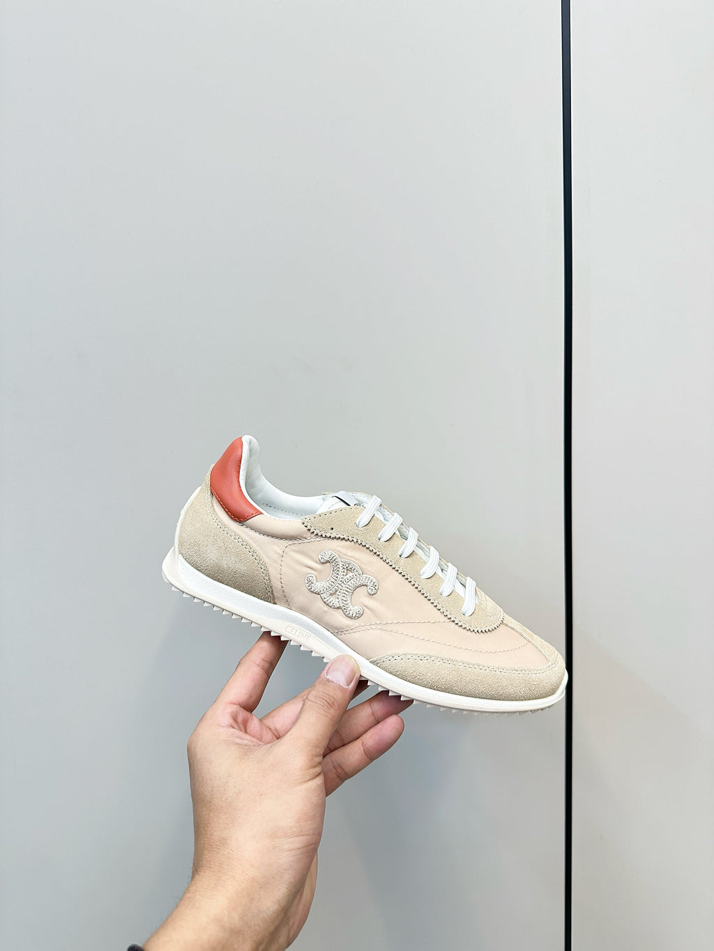 CELINE 25S RACER LOW TOP SNEAKER IN BEIGE AND LIGHT GRAY NYLON AND SUEDE