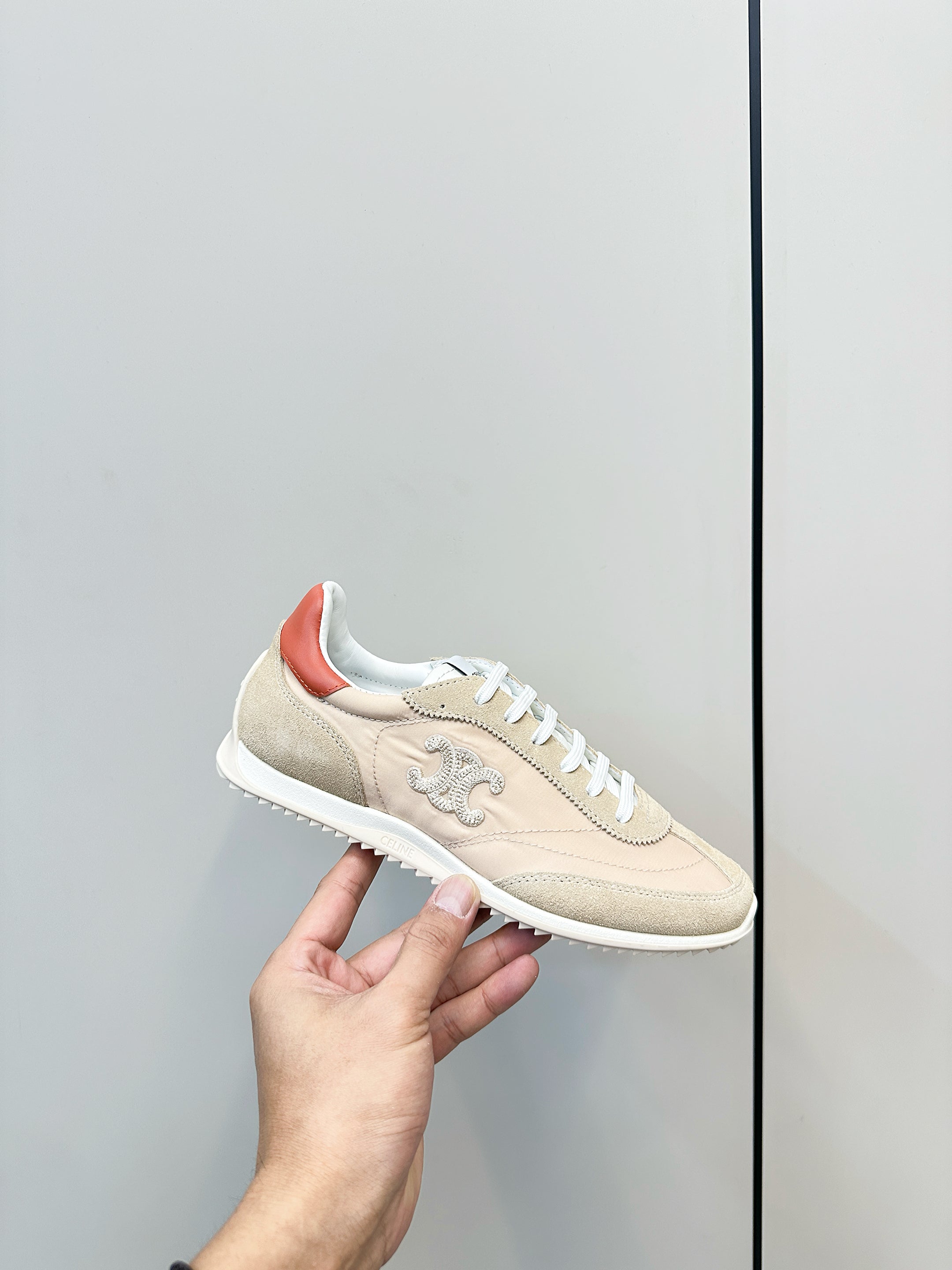 CELINE 25S RACER LOW TOP SNEAKER IN BEIGE AND LIGHT GRAY NYLON AND SUEDE