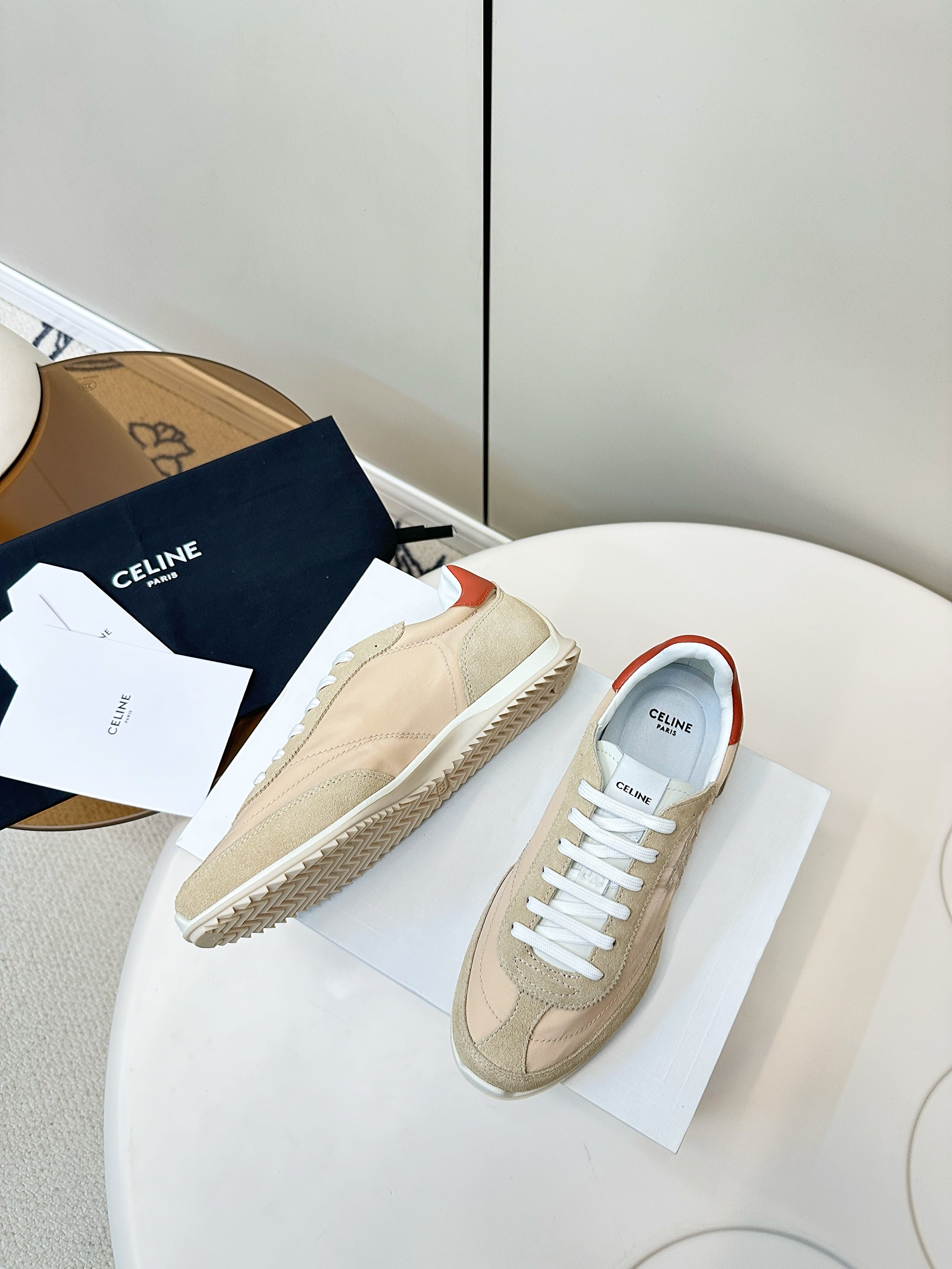 CELINE 25S RACER LOW TOP SNEAKER IN BEIGE AND LIGHT GRAY NYLON AND SUEDE