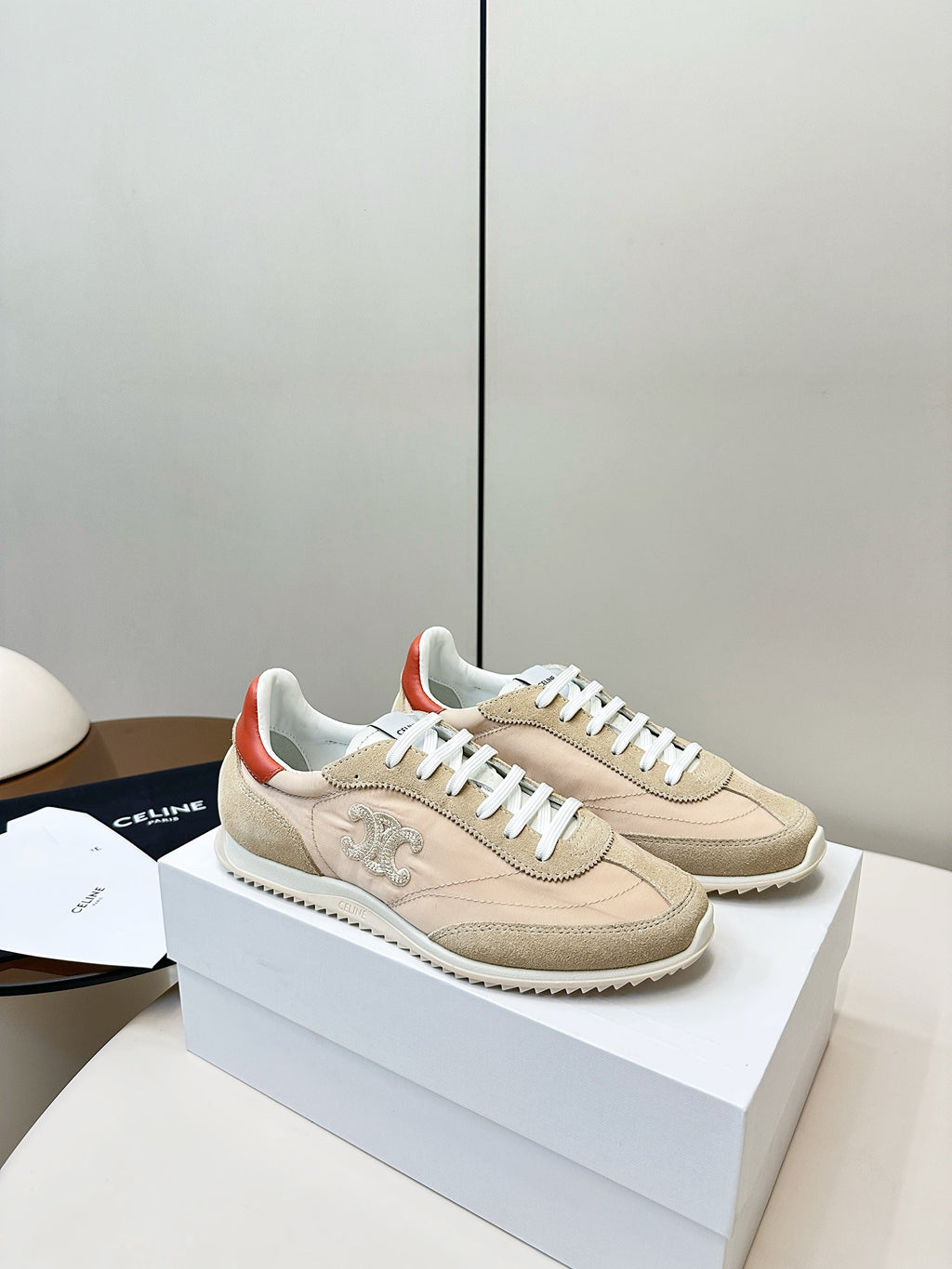 CELINE 25S RACER LOW TOP SNEAKER IN BEIGE AND LIGHT GRAY NYLON AND SUEDE