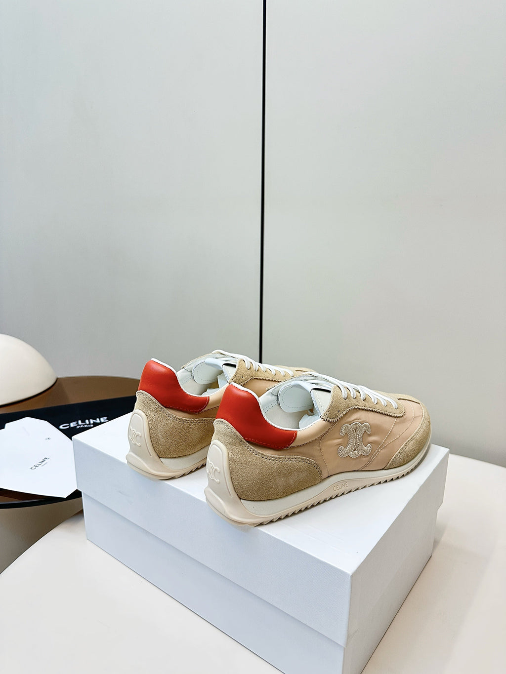 CELINE 25S RACER LOW TOP SNEAKER IN BEIGE AND LIGHT GRAY NYLON AND SUEDE