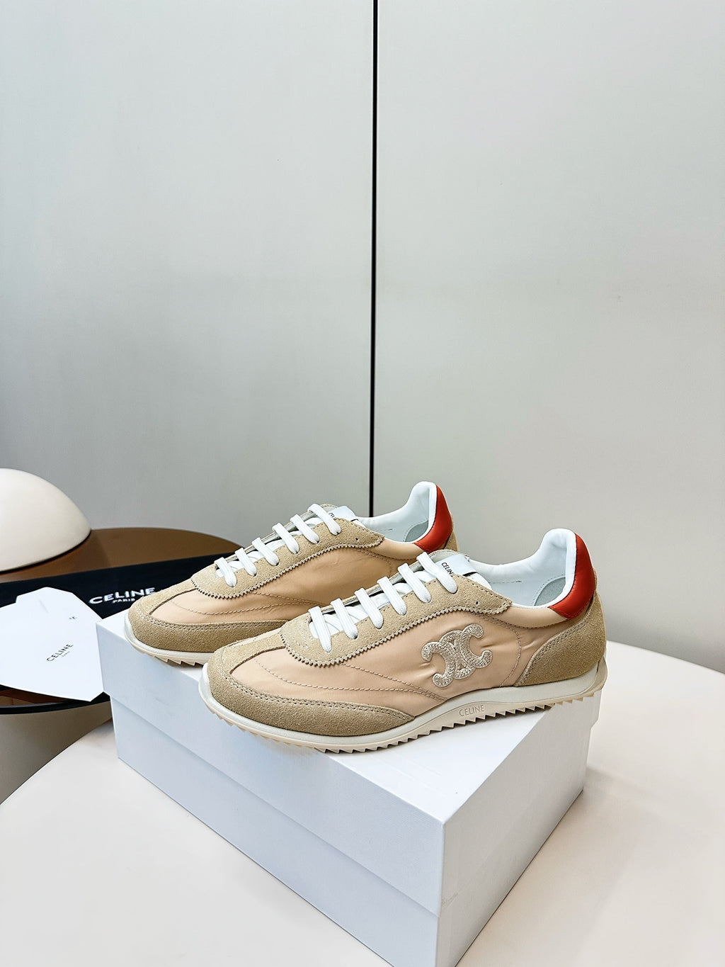CELINE 25S RACER LOW TOP SNEAKER IN BEIGE AND LIGHT GRAY NYLON AND SUEDE