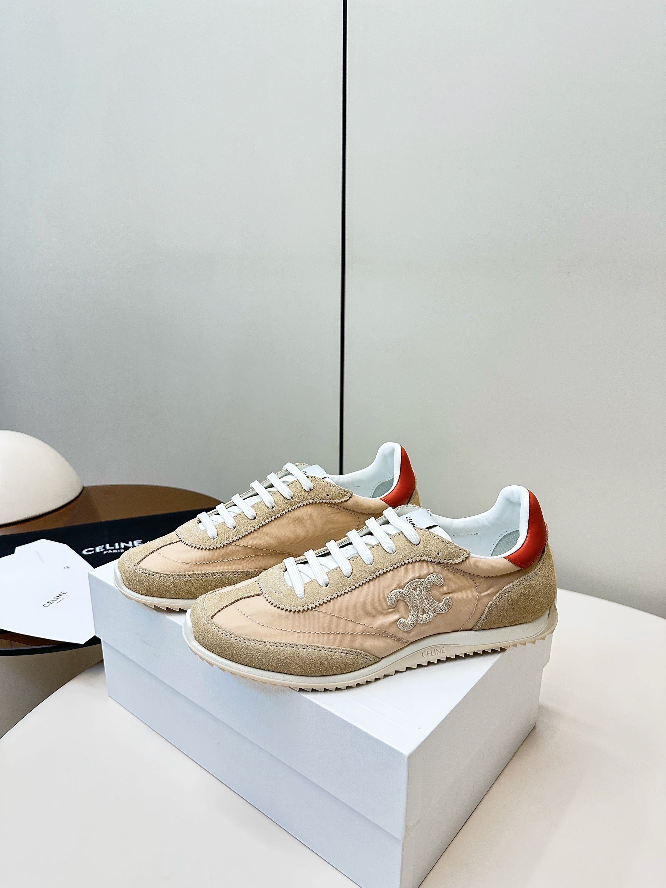 CELINE 25S RACER LOW TOP SNEAKER IN BEIGE AND LIGHT GRAY NYLON AND SUEDE