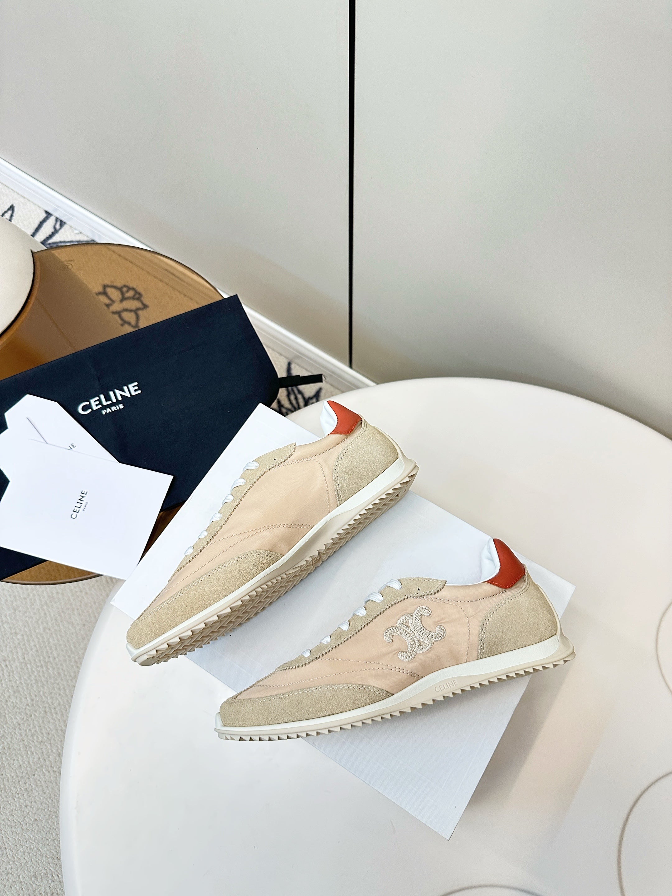 CELINE 25S RACER LOW TOP SNEAKER IN BEIGE AND LIGHT GRAY NYLON AND SUEDE