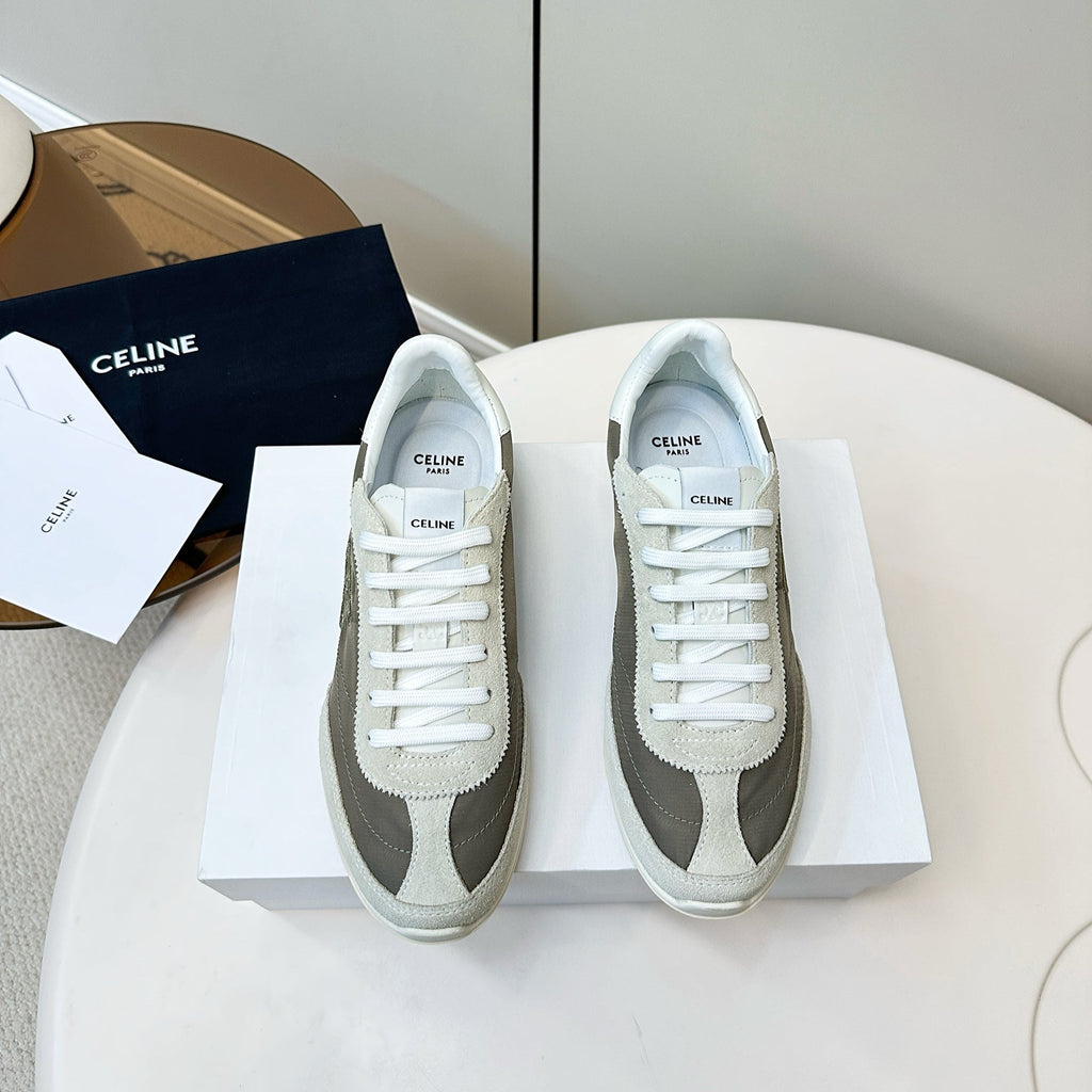 CELINE 25S RACER LOW TOP SNEAKER IN CREAM AND TAUPE GRAY NYLON AND SUEDE