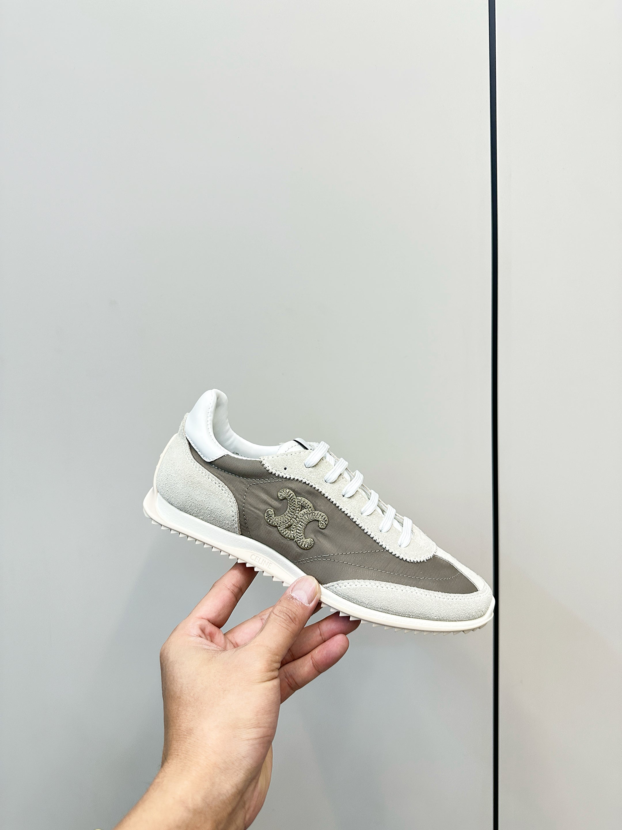 CELINE 25S RACER LOW TOP SNEAKER IN CREAM AND TAUPE GRAY NYLON AND SUEDE