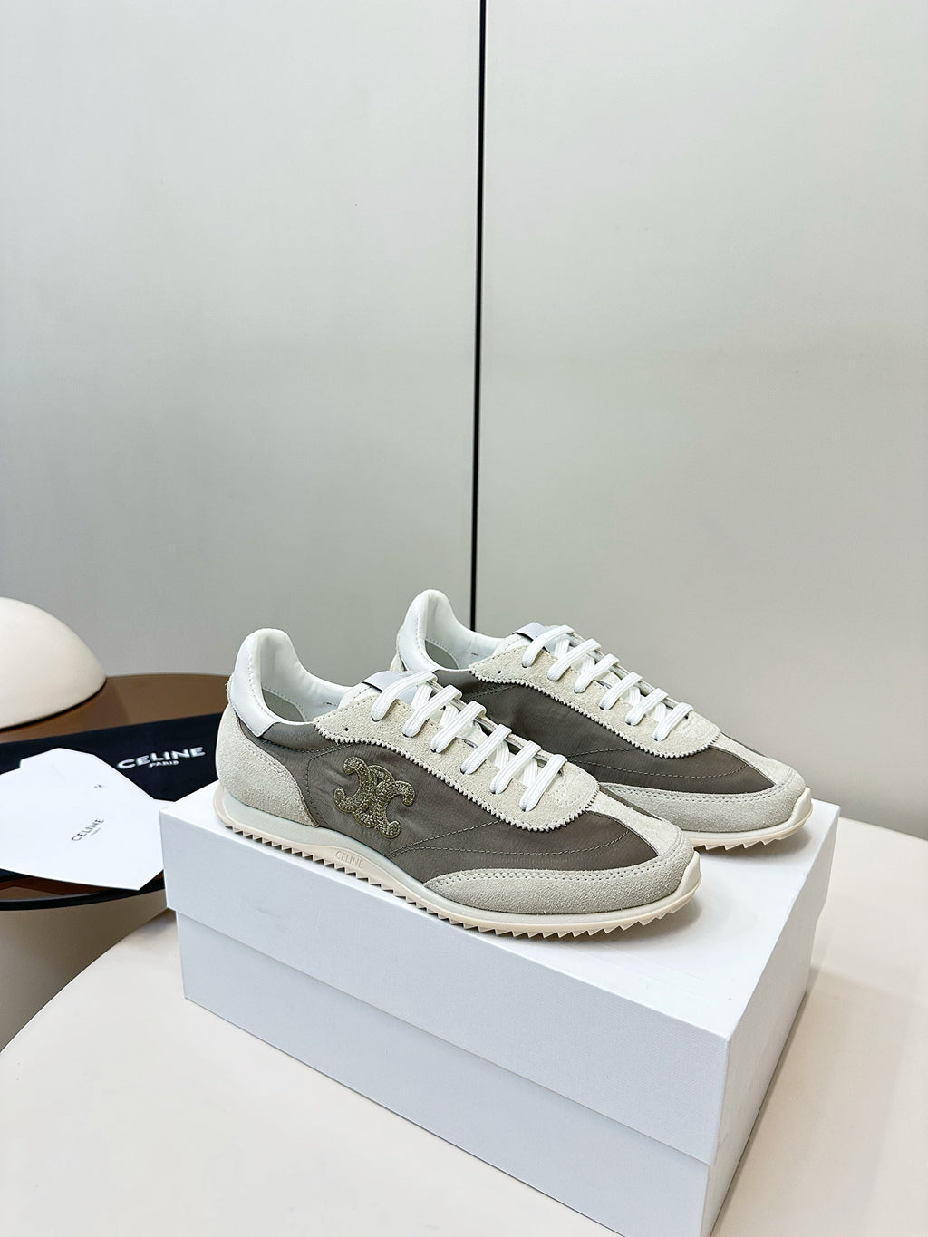 CELINE 25S RACER LOW TOP SNEAKER IN CREAM AND TAUPE GRAY NYLON AND SUEDE